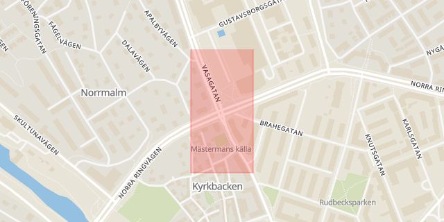 Karta som med röd fyrkant ramar in Norra Ringvägen, Vasagatan, Västerås, Västmanlands län