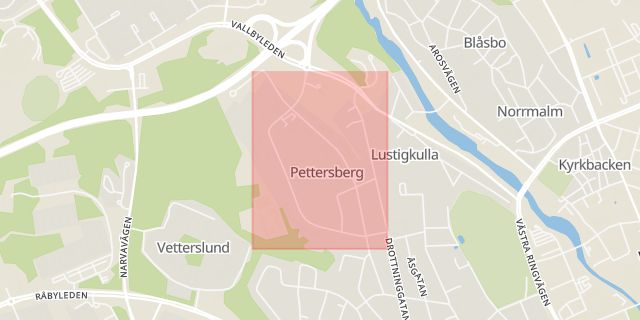 Karta som med röd fyrkant ramar in Pettersbergsgatan, Västerås, Västmanlands län
