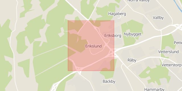 Karta som med röd fyrkant ramar in Bäckbymotet, Erikslund, Västerås, Västmanlands län