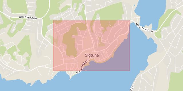 Karta som med röd fyrkant ramar in Stora Gatan, Sigtuna, Stockholms län