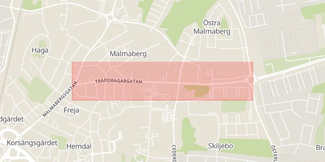 Karta som med röd fyrkant ramar in Tråddragargatan, Västerås, Västmanlands län