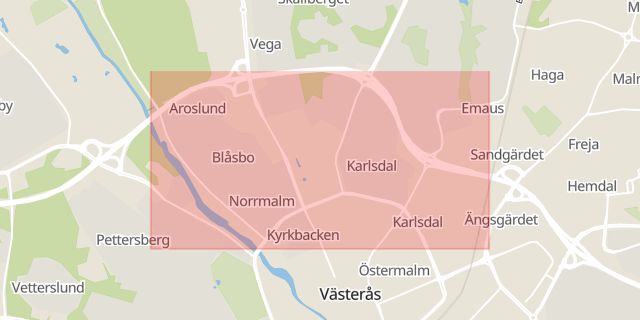 Karta som med röd fyrkant ramar in Norrmalm, Västerås, Västmanlands län