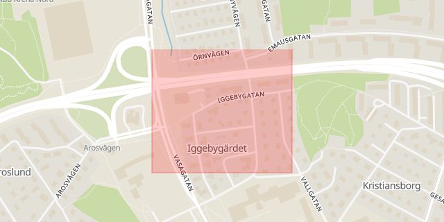 Karta som med röd fyrkant ramar in Iggebygatan, Bomansgatan, Västerås, Västmanlands län