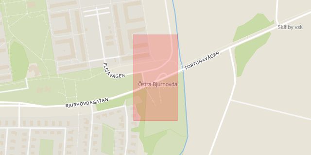 Karta som med röd fyrkant ramar in Bjurhovda, Arkeologgatan, Västerås, Västmanlands län
