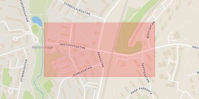 Karta som med röd fyrkant ramar in Hästhovsgatan, Gideonsberg, Västerås, Västmanlands län