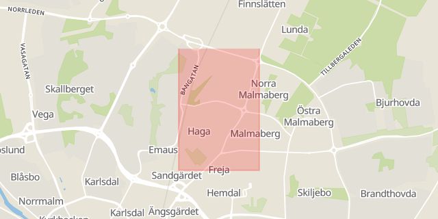 Karta som med röd fyrkant ramar in Hemdal, Västerås, Västmanlands län