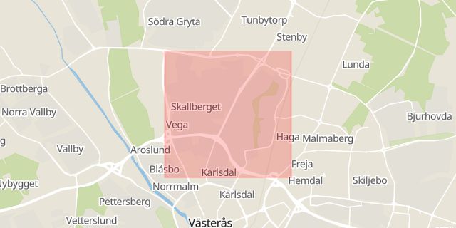 Karta som med röd fyrkant ramar in Skallberget, Västerås, Västmanlands län