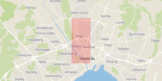 Karta som med röd fyrkant ramar in Vasagatan, Västerås, Västmanlands län