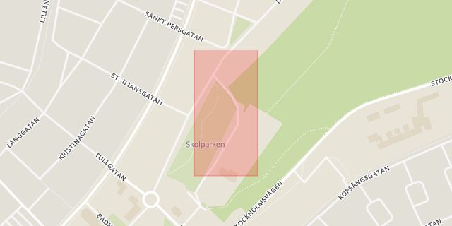 Karta som med röd fyrkant ramar in Skolparken, Enköping, Uppsala län