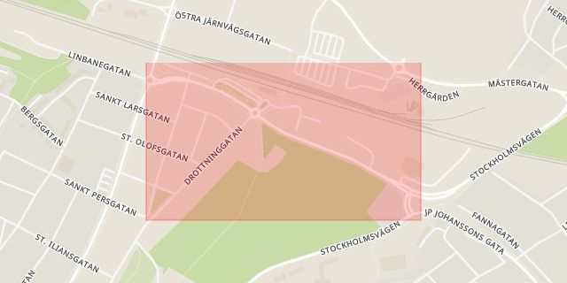 Karta som med röd fyrkant ramar in Bangårdsgatan, Buskarna, Enköping, Uppsala län