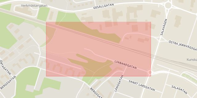 Karta som med röd fyrkant ramar in Linbanegatan, Enköping, Uppsala län