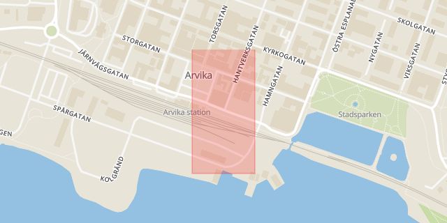 Karta som med röd fyrkant ramar in Hantverksgatan, Järnvägsgatan, Arvika, Värmlands län