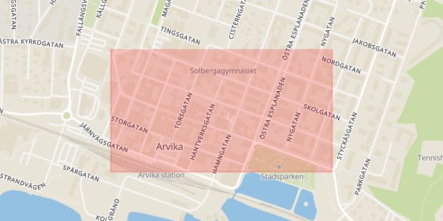 Karta som med röd fyrkant ramar in Kyrkogatan, Arvika, Värmlands län