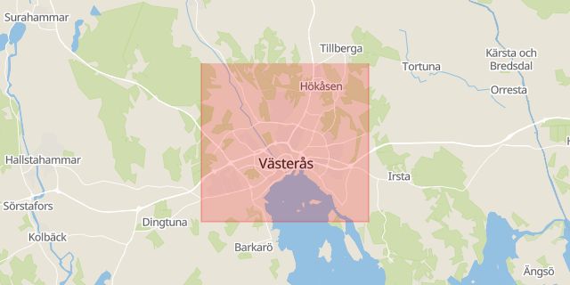 Karta som med röd fyrkant ramar in Västerledsmotet, Västerås, Köping, Västmanlands län