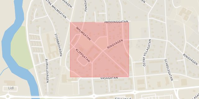 Karta som med röd fyrkant ramar in Malmgatan, Filipstad, Värmlands län