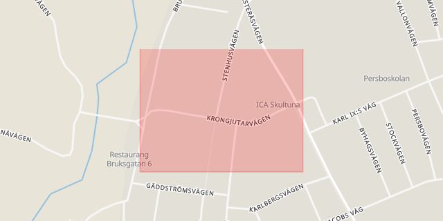 Karta som med röd fyrkant ramar in Krongjutarvägen, Västerås, Västmanlands län