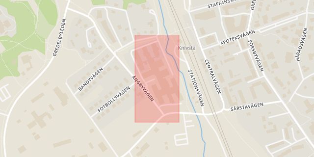 Karta som med röd fyrkant ramar in Knivsta Kommun, Björkkällevägen, Ängbyvägen, Gredelbyvägen, Sats, Alsike, Gränsgatan, Knivsta, Uppsala län