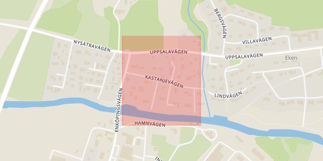 Karta som med röd fyrkant ramar in Örsundsbro, Kastanjevägen, Enköping, Uppsala län