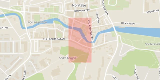 Karta som med röd fyrkant ramar in Öströms Gränd, Norrtälje, Stockholms län