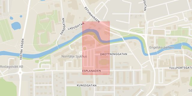 Karta som med röd fyrkant ramar in Norrtälje Sjukhus, Norrtälje, Stockholms län