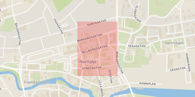 Karta som med röd fyrkant ramar in Billborgsgatan, Norrtälje, Stockholms län