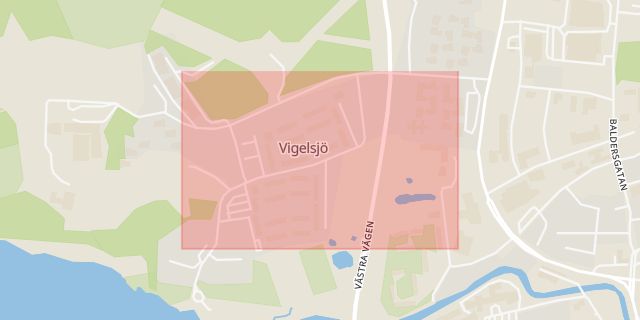 Karta som med röd fyrkant ramar in Vigelsjövägen, Norrtälje, Stockholms län