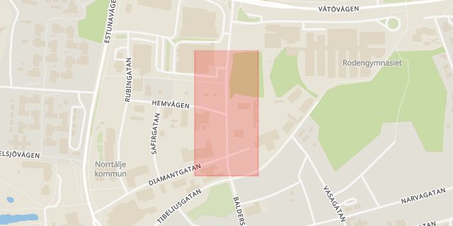 Karta som med röd fyrkant ramar in Baldersgatan, Hemvägen, Norrtälje, Stockholms län
