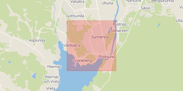 Karta som med röd fyrkant ramar in Sunnersta, Uppsala, Uppsala län