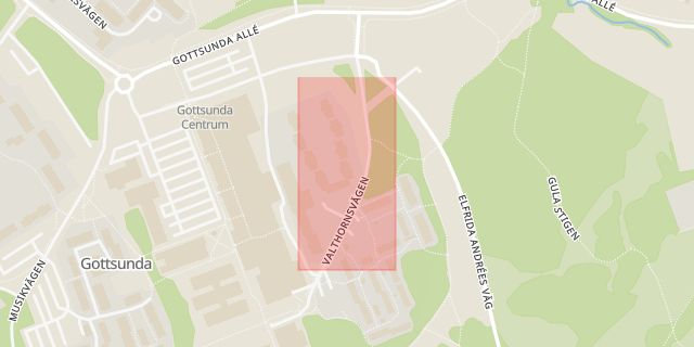 Karta som med röd fyrkant ramar in Valthornsvägen, Bandstolsvägen, Uppsala, Uppsala län