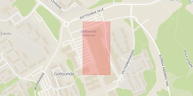 Karta som med röd fyrkant ramar in Gottsunda Centrum, Valthornsvägen, Uppsala, Uppsala län