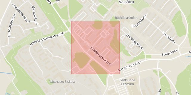 Karta som med röd fyrkant ramar in Gottsunda, Valsätra, Bandstolsvägen, Uppsala, Uppsala län