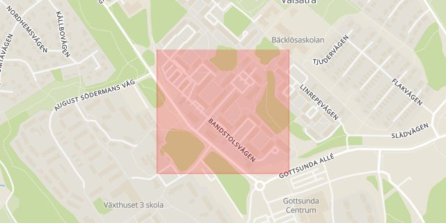 Karta som med röd fyrkant ramar in Bandstolsvägen, Gottsunda, Valsätra, Uppsala, Uppsala län