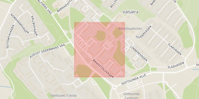 Karta som med röd fyrkant ramar in Bandstolsvägen, Uppsala, Uppsala län