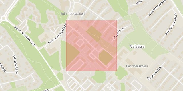 Karta som med röd fyrkant ramar in Spinnrocksvägen, Valsätra, Uppsala, Uppsala län