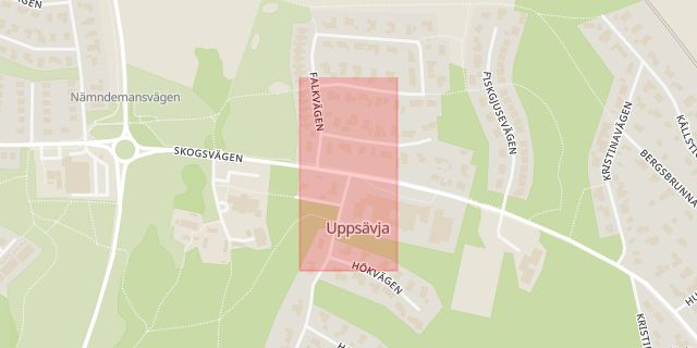 Karta som med röd fyrkant ramar in Akademivägen, Skogsvägen, Uppsala, Uppsala län