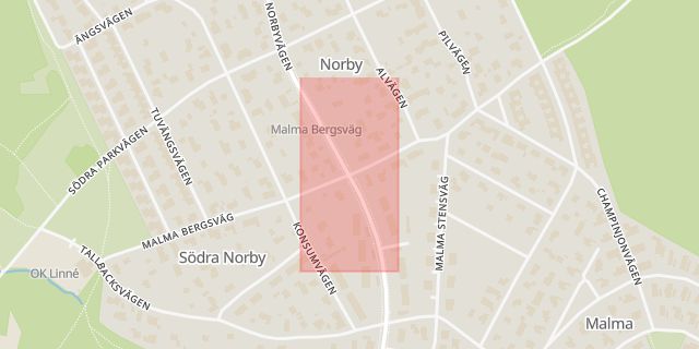 Karta som med röd fyrkant ramar in Malma Bergsväg, Norbyvägen, Uppsala, Uppsala län