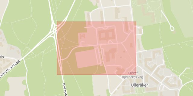 Karta som med röd fyrkant ramar in Ulleråker, Emmy Rappes Väg, Uppsala, Uppsala län