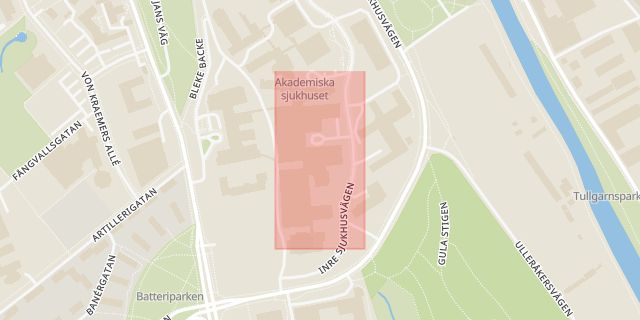Karta som med röd fyrkant ramar in Skutskär, Dag Hammarskjölds Väg, Akademiska Sjukhuset, Uppsala, Uppsala län