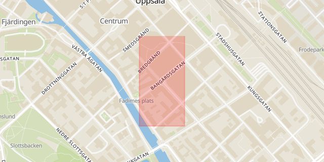 Karta som med röd fyrkant ramar in Bangårdsgatan, Kungsängsgatan, Uppsala, Uppsala län