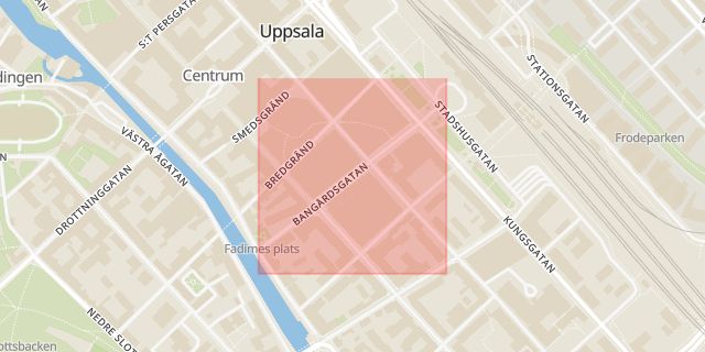 Karta som med röd fyrkant ramar in Bangårdsgatan, Uppsala, Uppsala län