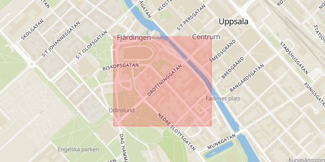 Karta som med röd fyrkant ramar in Drottninggatan, Uppsala, Uppsala län