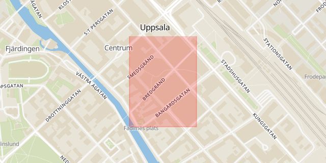 Karta som med röd fyrkant ramar in Bredgränd, Stora Torget, Uppsala, Uppsala län