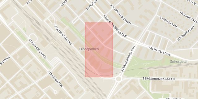 Karta som med röd fyrkant ramar in Centralpassagen, Frodeparken, Uppsala, Uppsala län