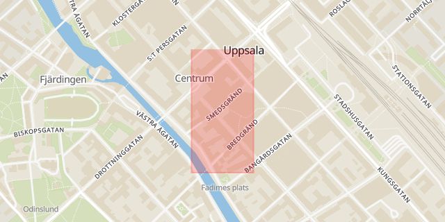 Karta som med röd fyrkant ramar in Forumtorget, Uppsala, Uppsala län