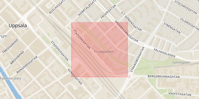 Karta som med röd fyrkant ramar in Stationsgatan, Uppsala, Uppsala län