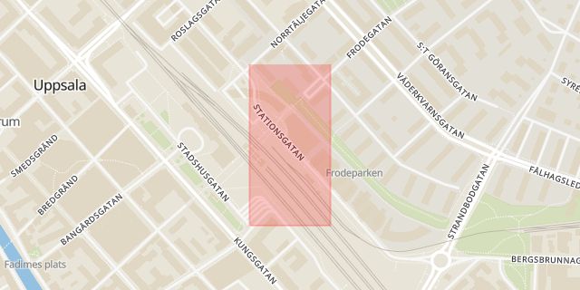 Karta som med röd fyrkant ramar in Centralpassagen, Stationsgatan, Uppsala, Uppsala län