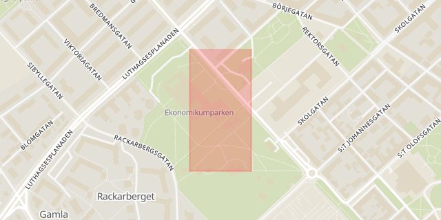 Karta som med röd fyrkant ramar in Ekonomikum, Persgatan, Kungsängsbron, Johannesgatan, Engelska Parken, Uppsala