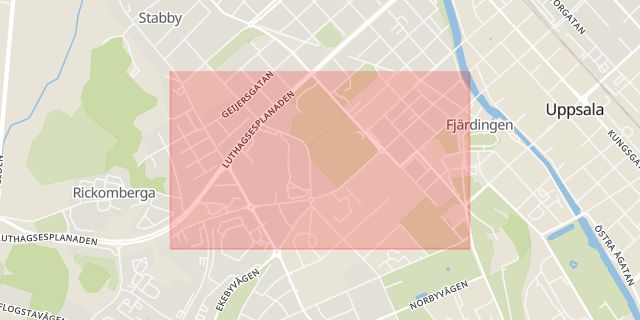 Karta som med röd fyrkant ramar in Johannesgatan, Uppsala, Uppsala län