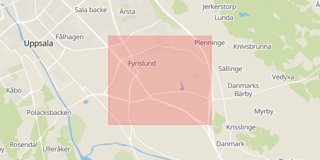 Karta som med röd fyrkant ramar in Fyrislund, Uppsala, Uppsala län