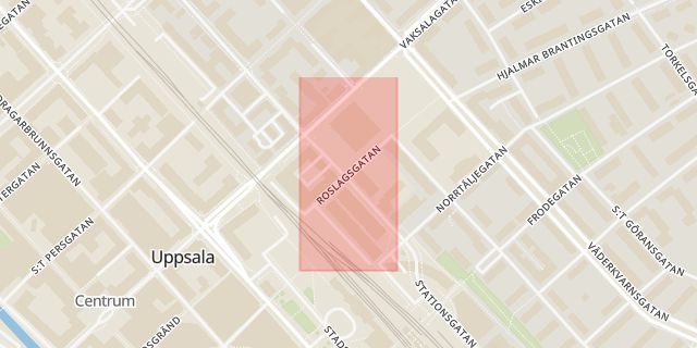 Karta som med röd fyrkant ramar in Roslagsgatan, Uppsala, Uppsala län